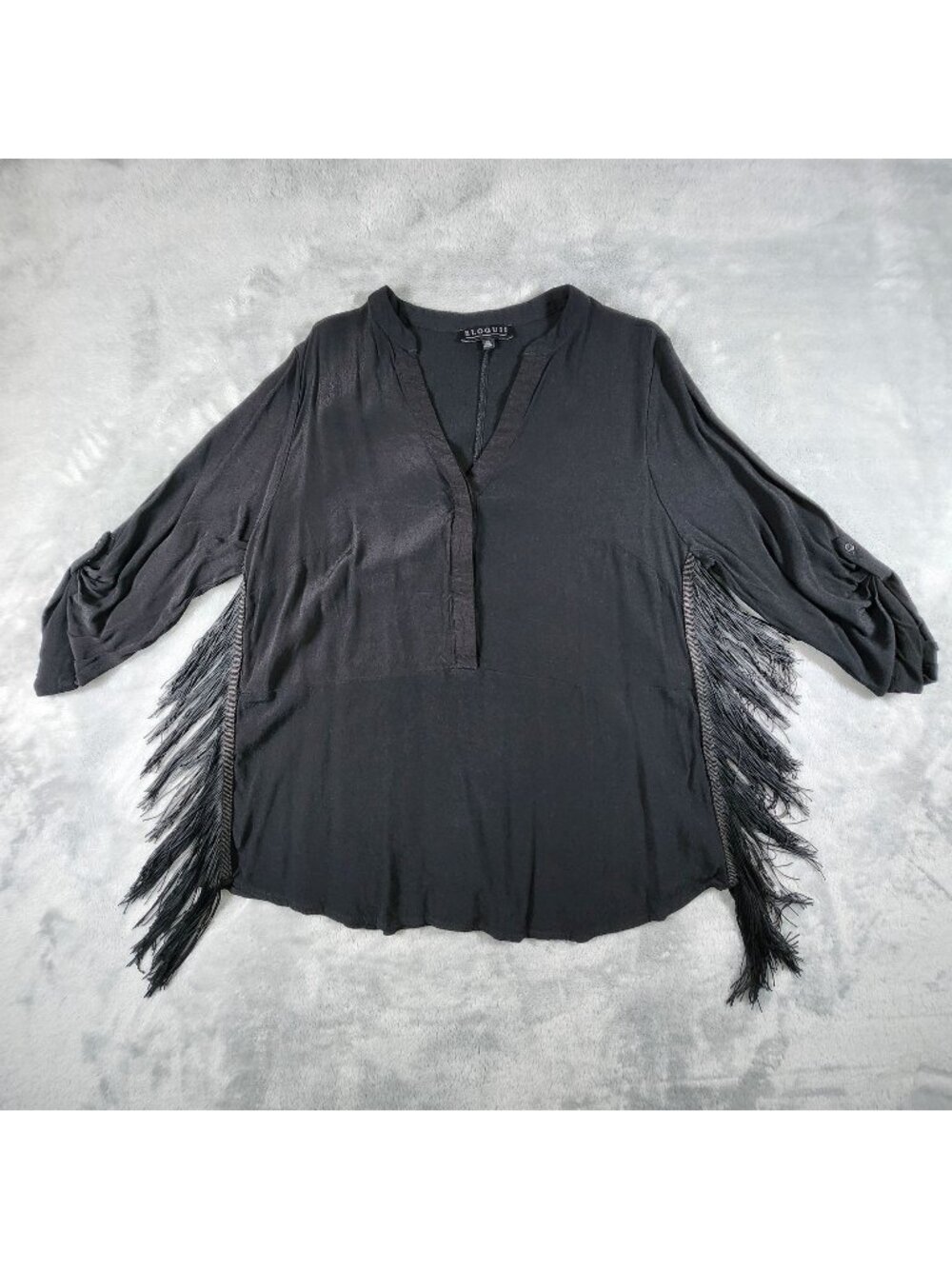 Eloquii Fringe Top 14 Black Roll Tab 3/4 Sleeve Biker Rocker Festival Cowgirl